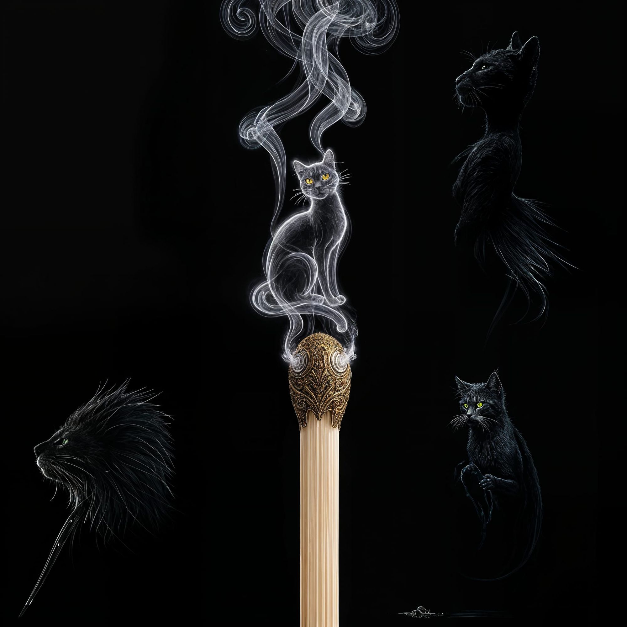  an image of a sharply detailed match head, with steam emanating from it. This steam transforms into a graceful, whimsical figure consisting...