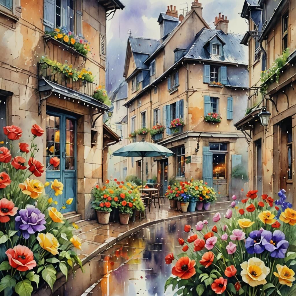 Rain-Drenched French Street in Watercolor