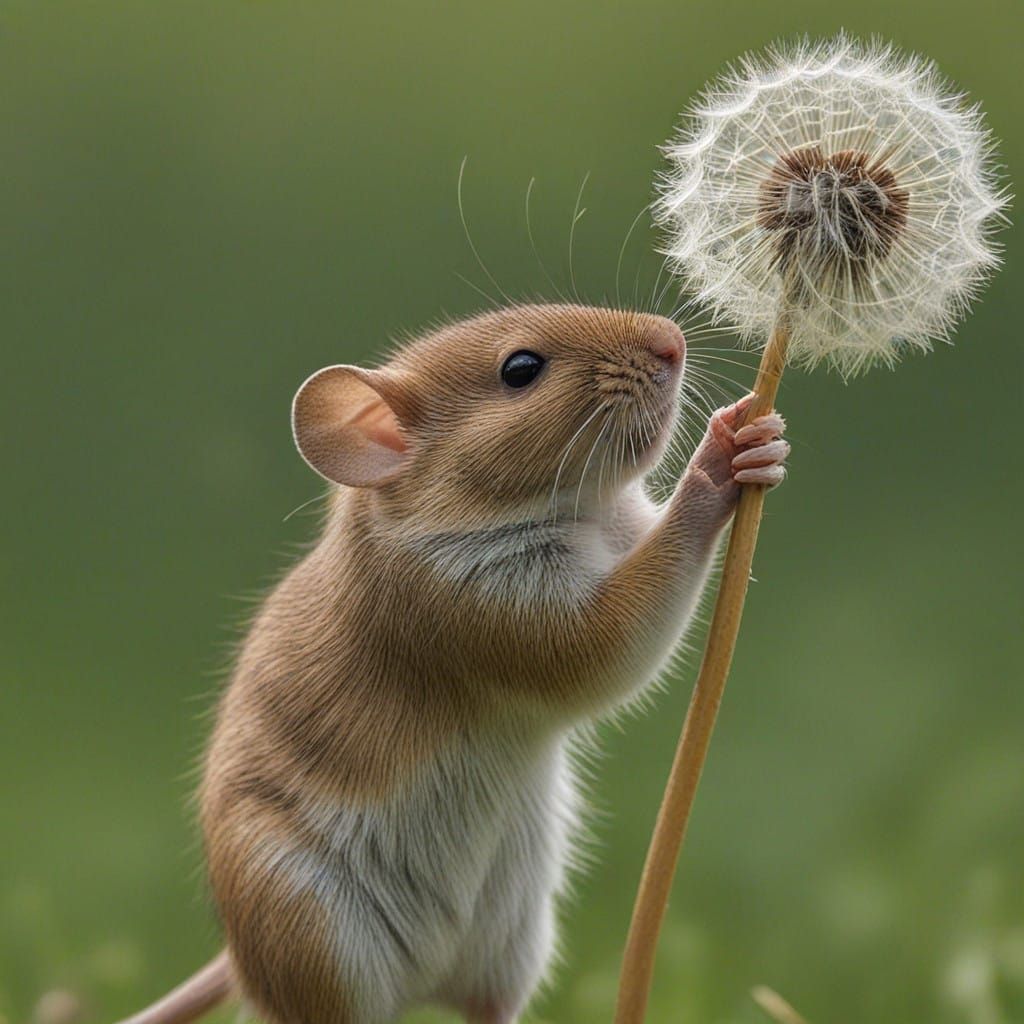 a field mouse climbs the stalk of a large dandelion &  blows on the  dandelion 