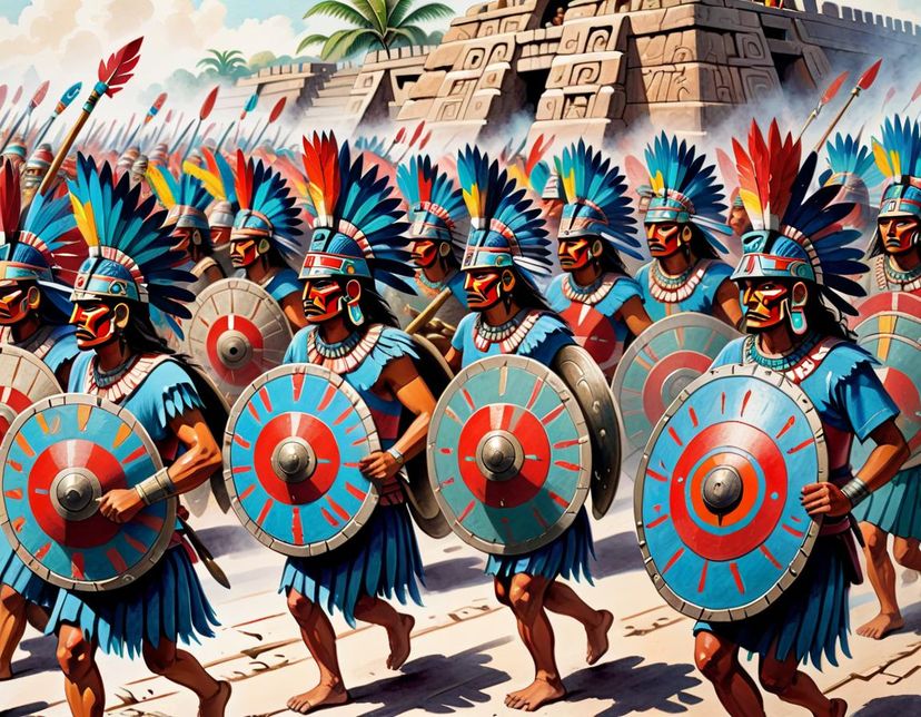 ancient aztec army marches with (shields:1.3). Tenochtitlan. Gouache ...