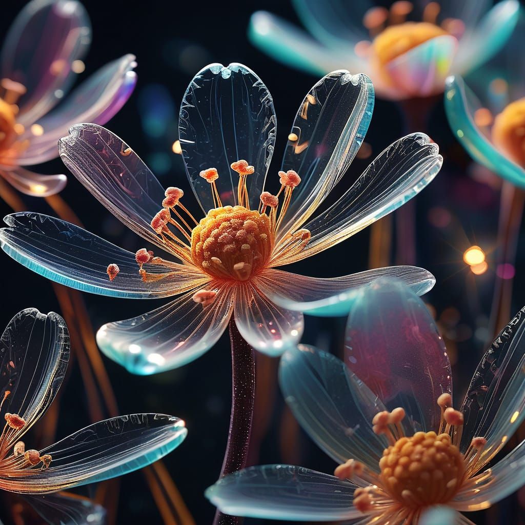 A series of delicate glass flowers, their petals painted with vibrant enamels, capturing the beauty and fragility of nature.