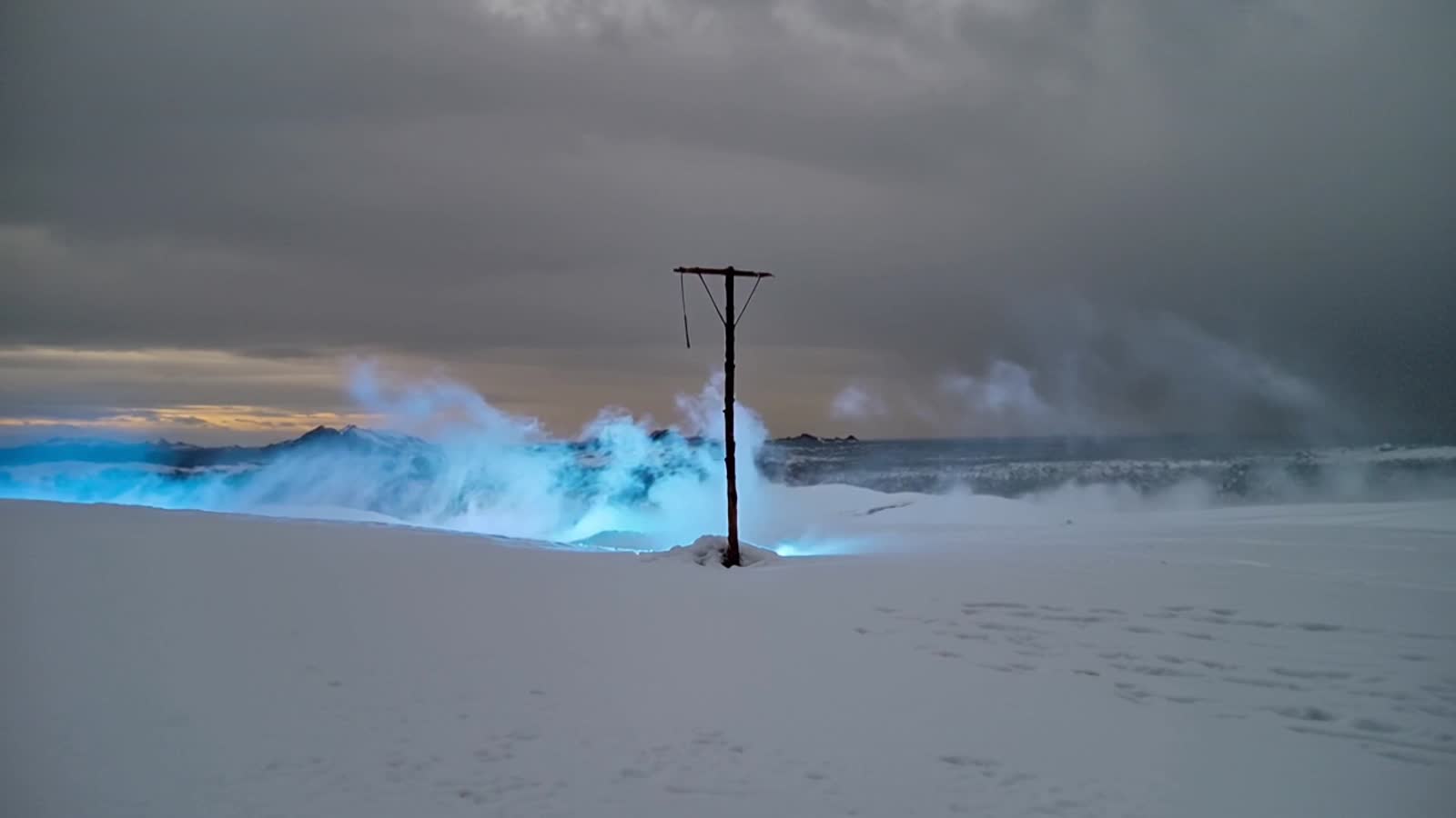 Lone tent stake standing upright in deep snow, empty landscape, eerie bluish fog swirling around, mysterious supernatura...