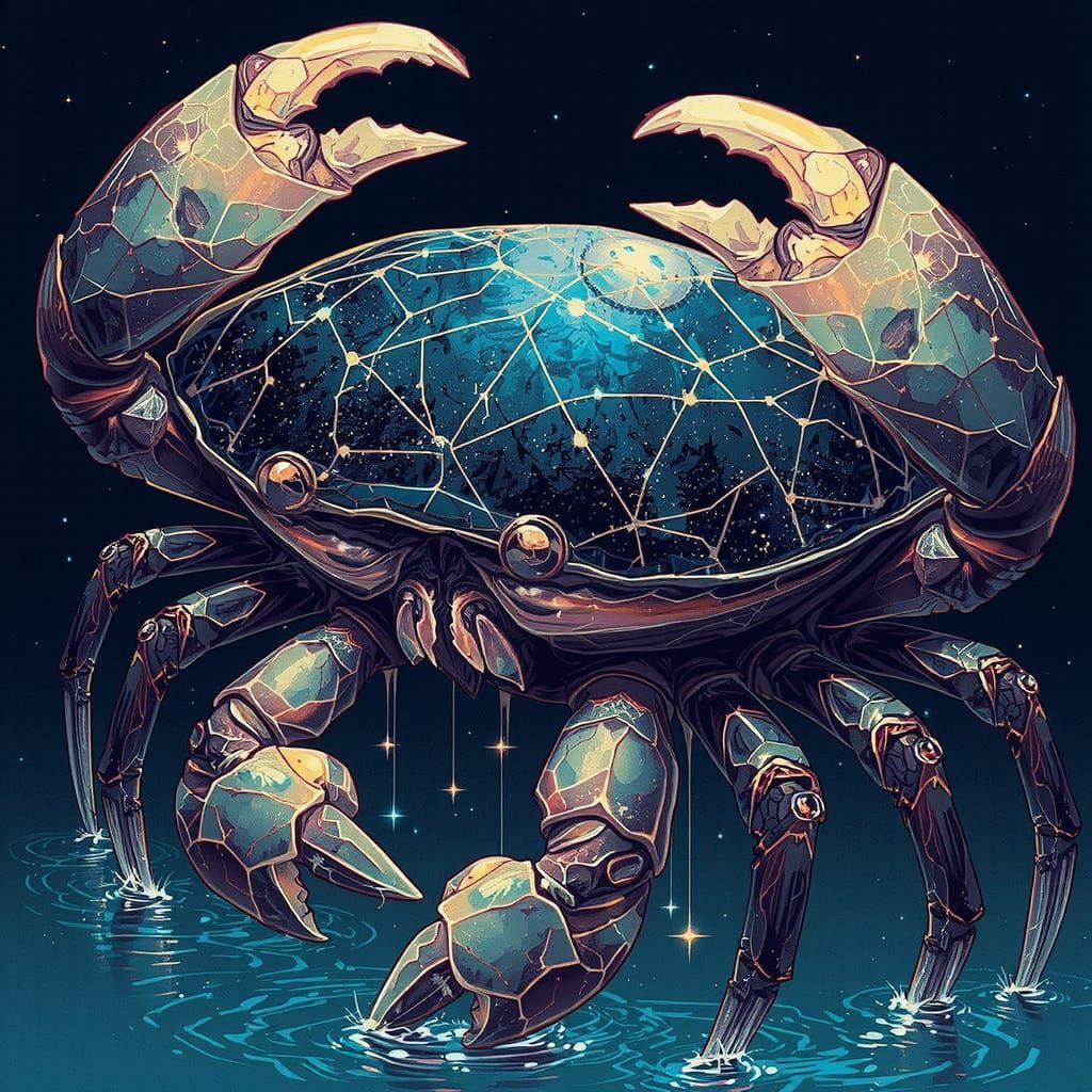 A crab-like being with a massive shell resembling a fragment of the night sky, constellations glowing faintly on its surface. Its claws are ...
