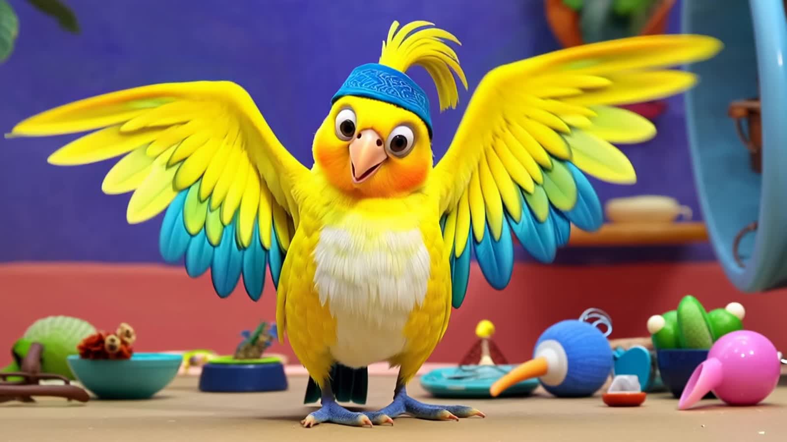 Cartoon Style A dancing Chola parrot with a blue bandana and large hoop earrings