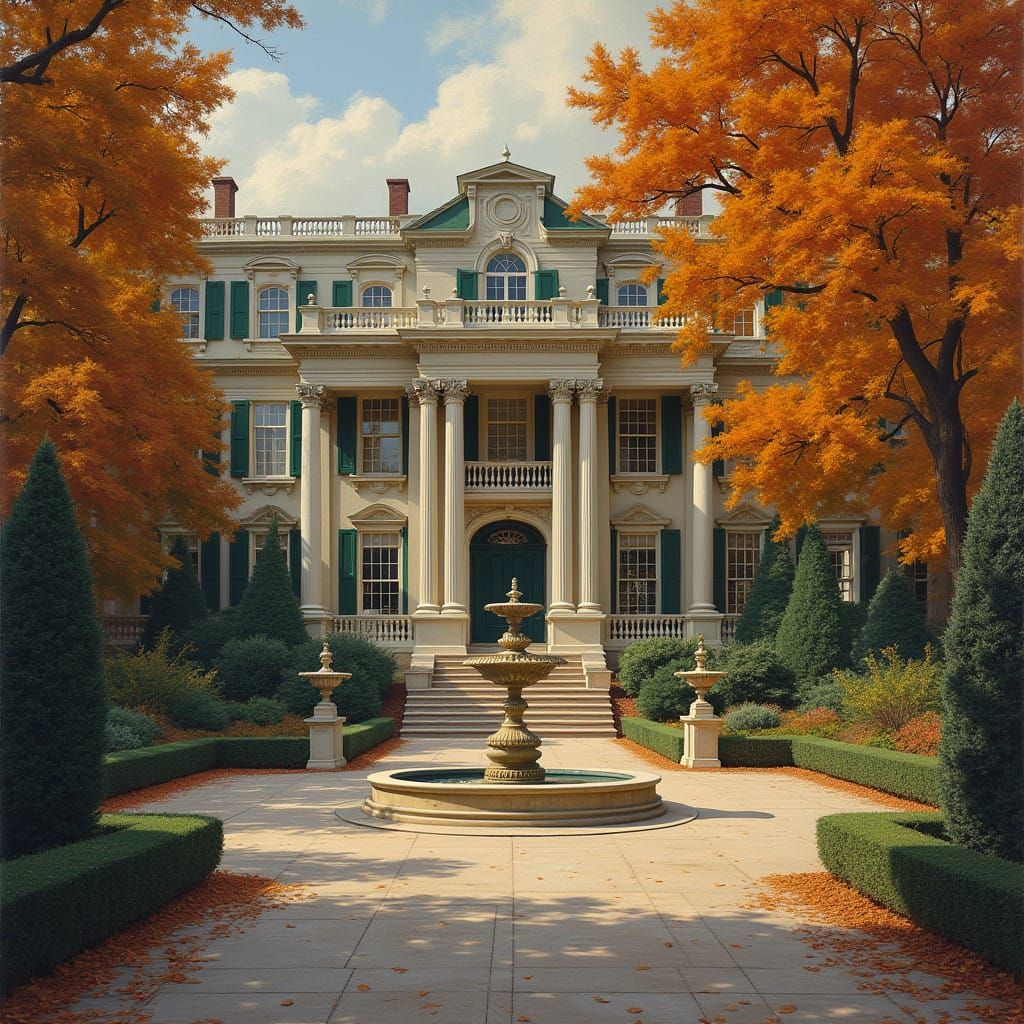 a fine mansion, beaux-arts architecture, courtyard with gardens and fountains, high columns, beautiful, elite, rich colors, deep colors, awa...