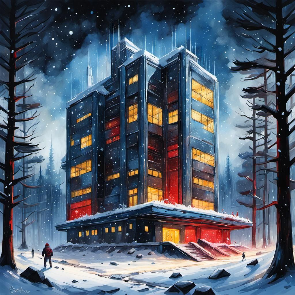 Sci-Fi Building in Snowy Forest at Night