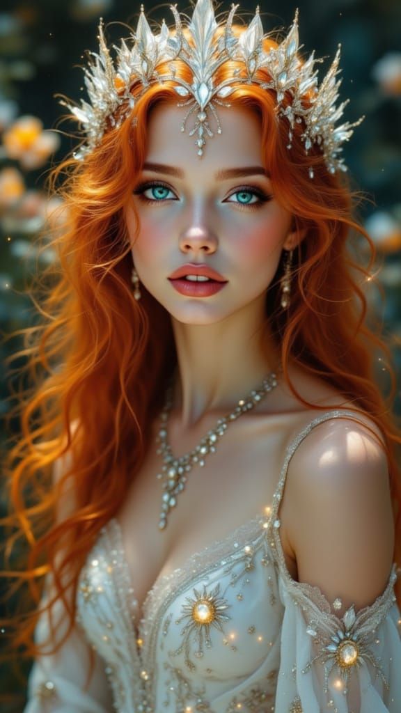 <lora:Pre Raphaelite woman:1.0> delicate etheral womans with a crown of crystal and with 😭 in her eyes and water  running down on her face ....