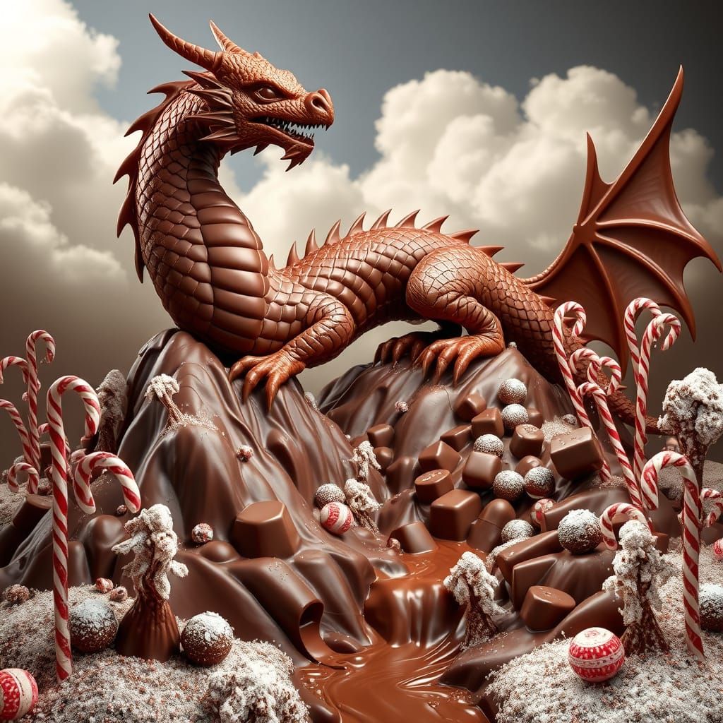 For World Chocolate Day, imagine a towering chocolate sculpture of a dragon, its scales intricately detailed ...  by @The Artlete 