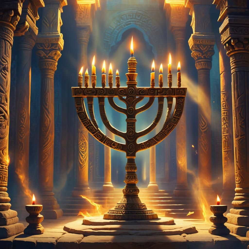 Mystical Menorah in Ancient Temple: Fantasy Concept Art