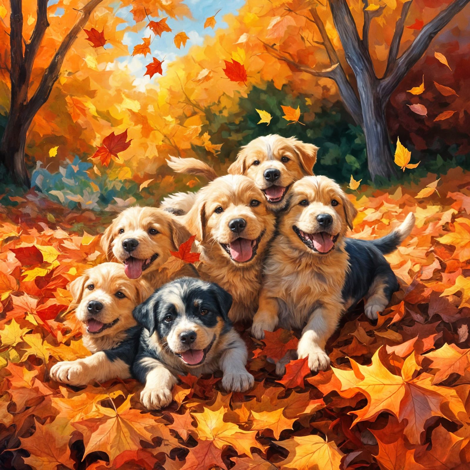 A group of energetic puppies tumbling and wrestling joyfully in a massive pile of colorful autumn leaves. ...  by @Shuttleskipper