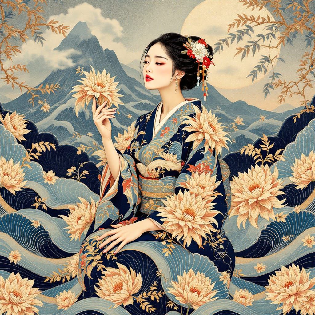 A Japanese Woman Wearing a Breathtaking Kimono