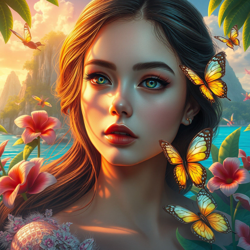 Ethereal Muse on Tropical Island, Digital Art