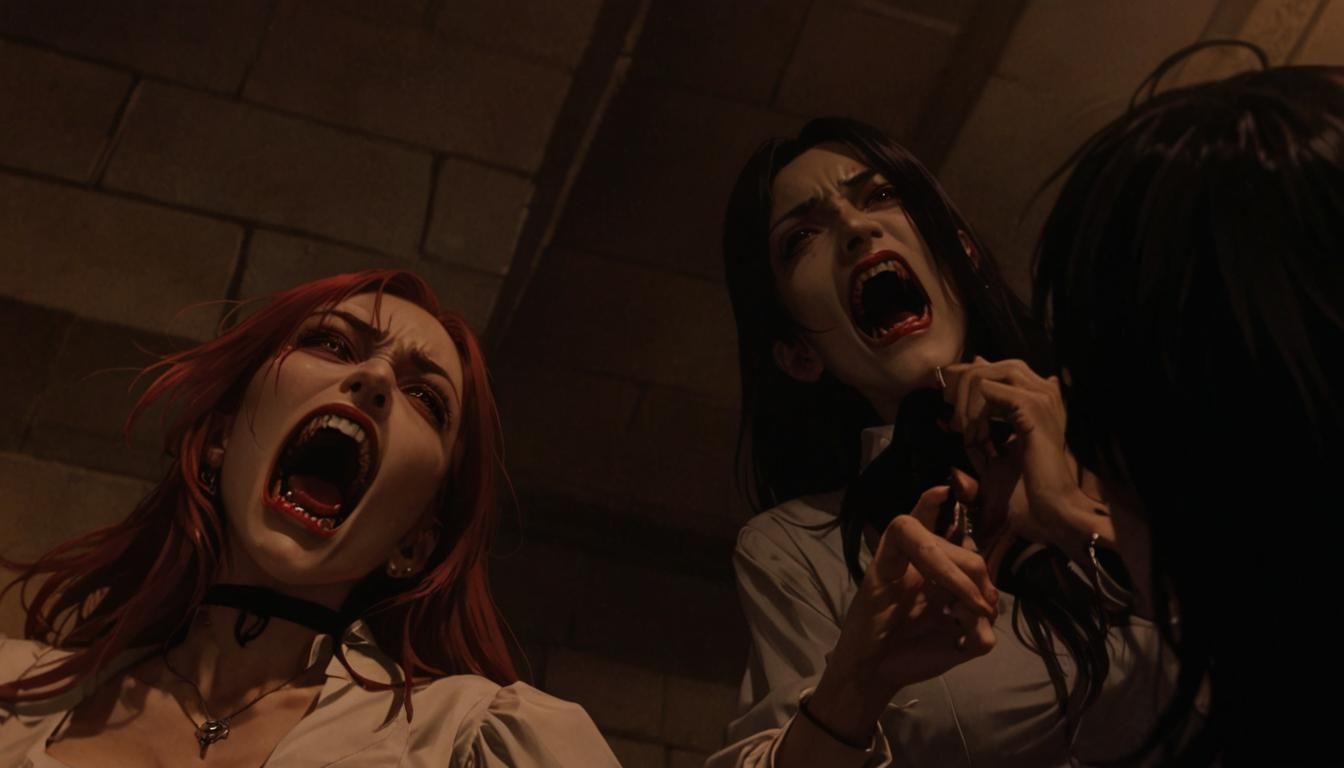 Vampire high-school girls hissing at you with sharp fangs an...