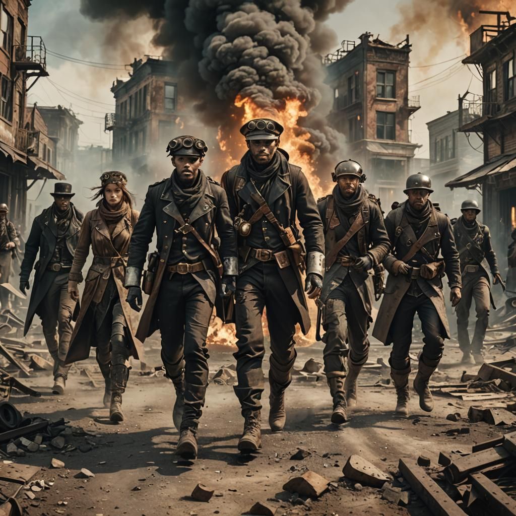  Soldiers dressed in the steampunk style dirty and defeated stride towards the camera through a burning postapocalyptic town.