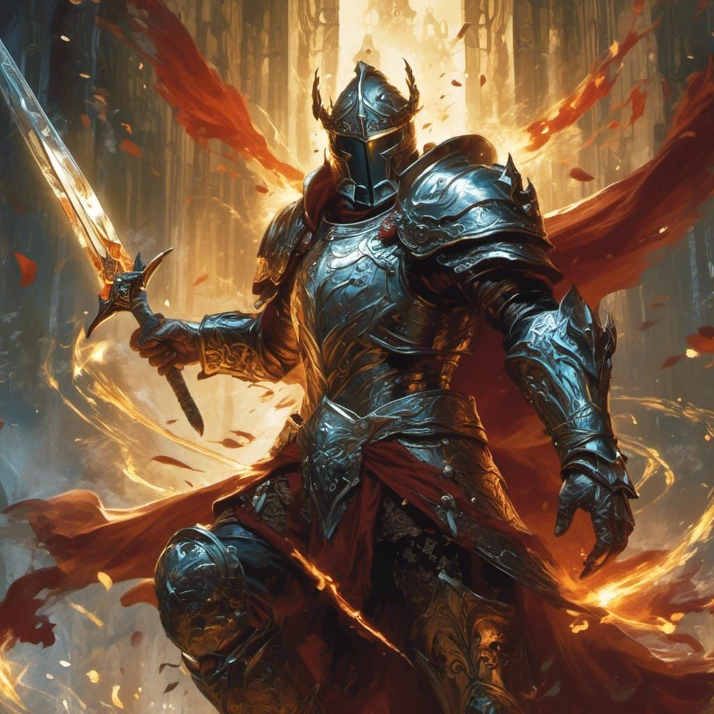 <lora:Battlemage:0.8> a Paladin battlemage, elemental magic, perfect hands, perfect sword, dynamic, by Raymond Swanland and Todd McFarlane