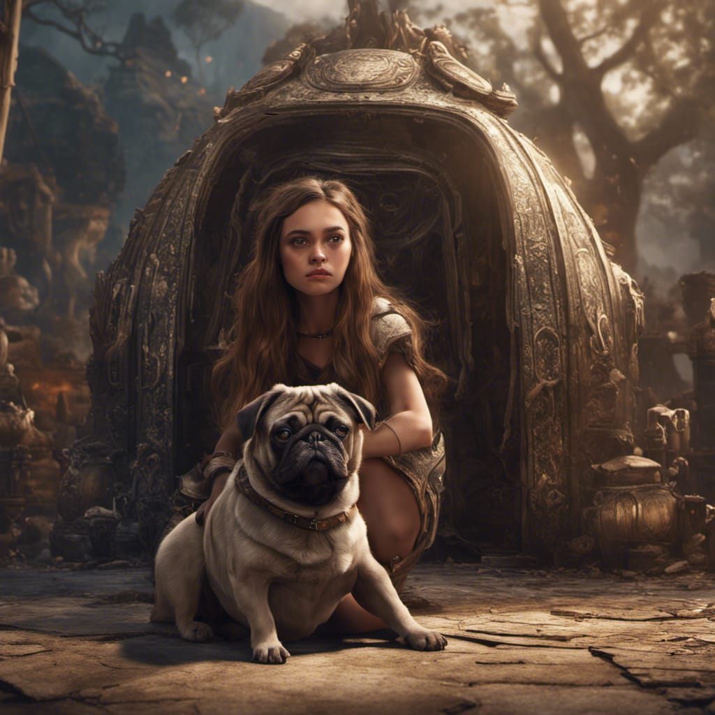 a girl with long brown hair with a pug