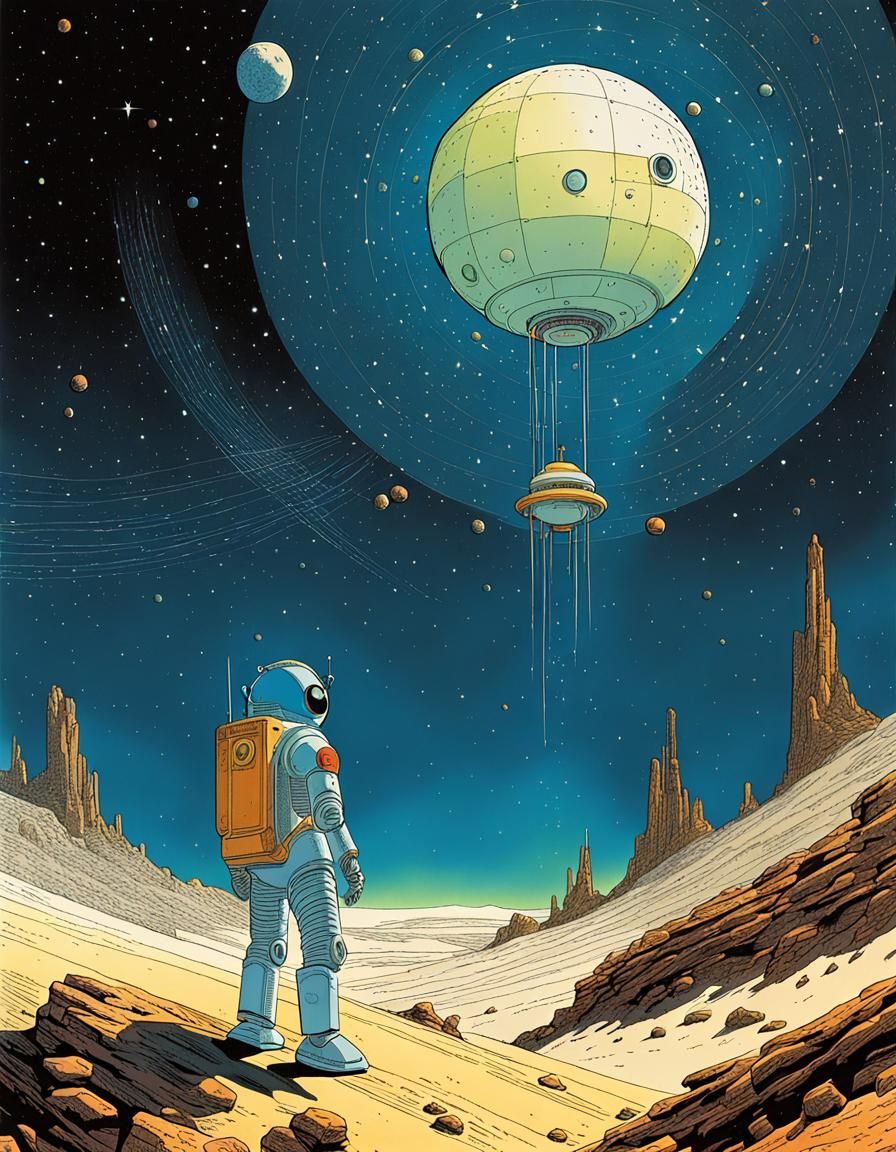 robot in outer space, drawn by moebius