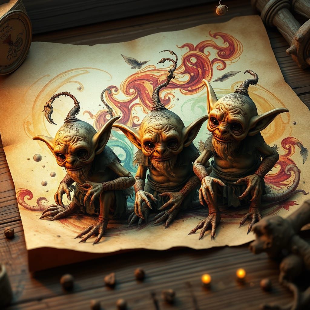 Charming 3D goblins emerge from a mesmerizing 2D alcohol ink fantasy illustration on a paper resting elegantly on a wooden desk. Inspired by...