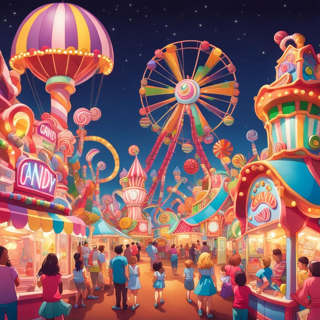 Candyland Theme Park at Night - AI Generated Artwork - NightCafe Creator