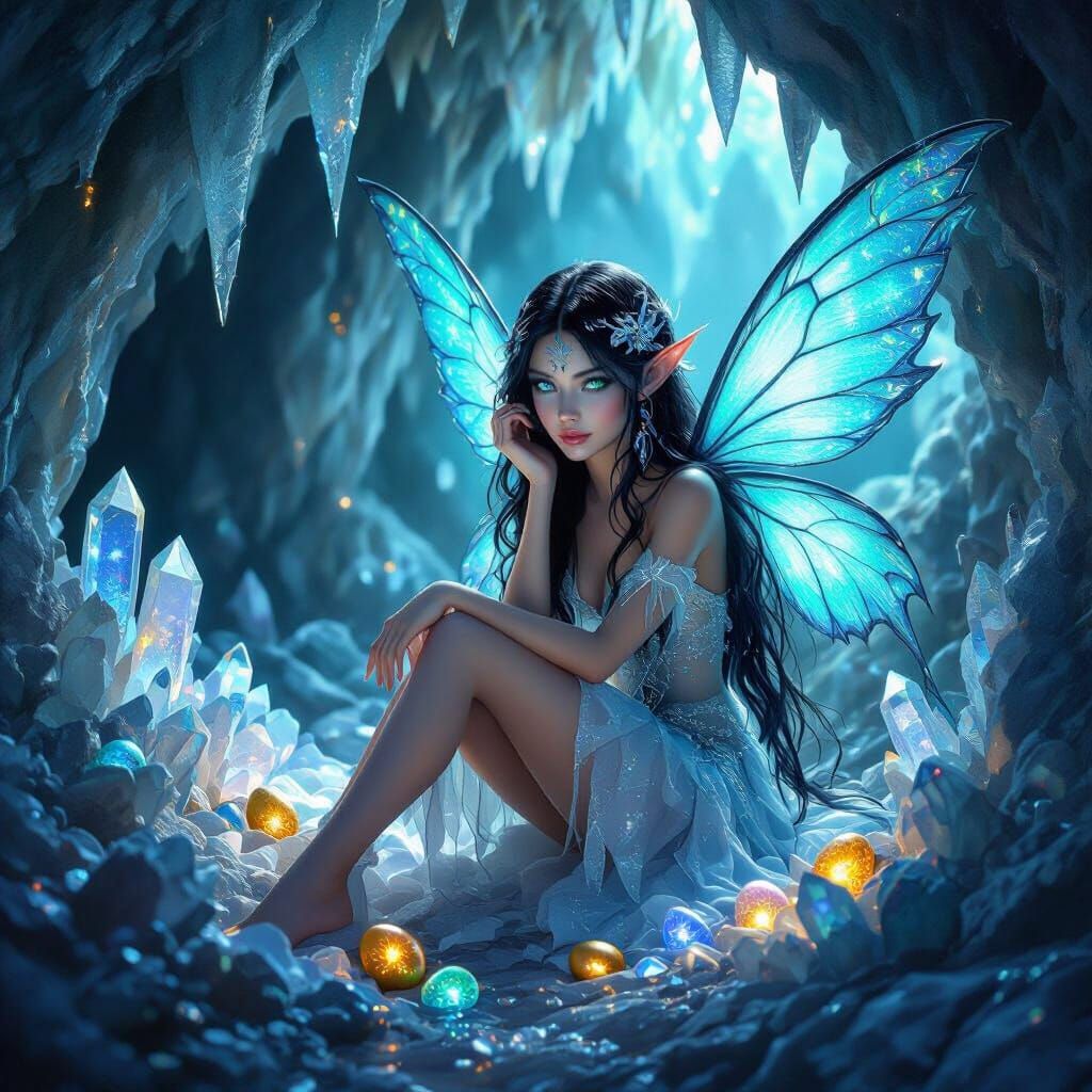 Beautiful silver and blue fairy sits inside a cave of blue and white long crystal stalactites and stalagmites. Nestled between the crystals ...