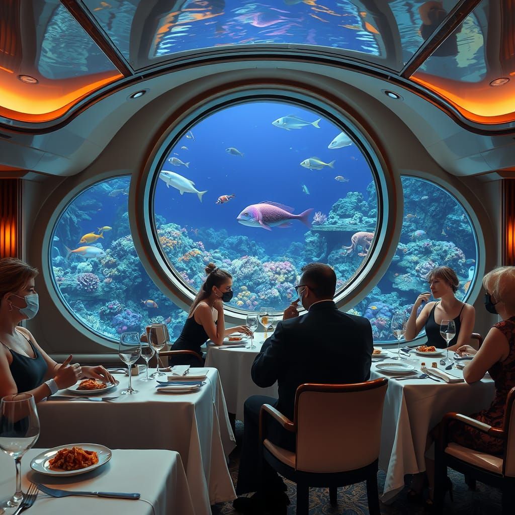 luxury dining room of an underwater hotel  by @gladiator
