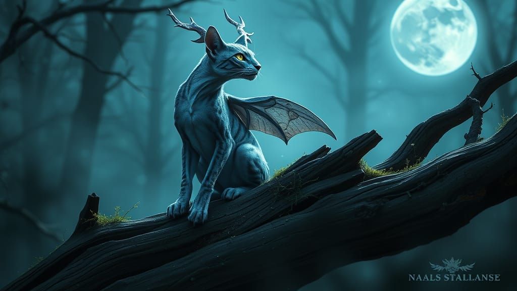 A brand‑new mythical creature—“Lunark”: nocturnal forest guardian.
Body sleek and feline, fur a shimmering silvery‑blue that subtly glows un...