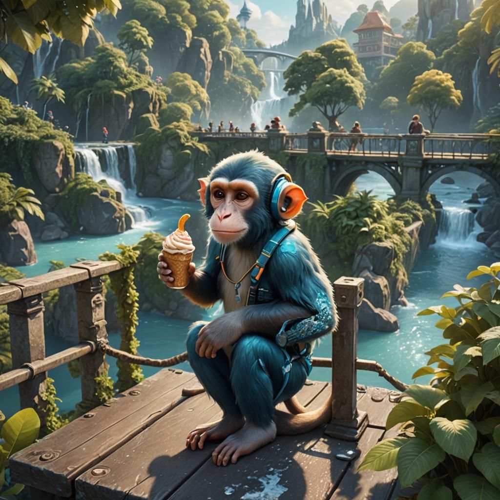 Monkey on Bridge with Ice Cream: Fantasy Art