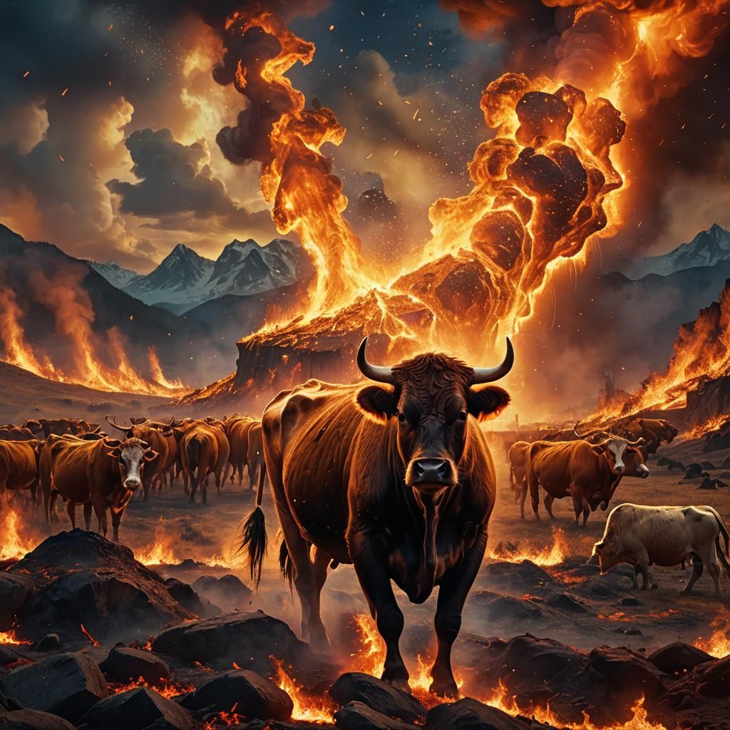 Inferno Engulfs Cow in Fiery Digital Art