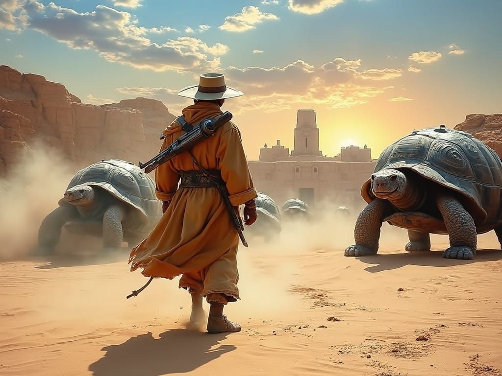 Prompt (Seedream 4.0 – Vintage Polaroid Desert Wanderer)
A lone desert wanderer in a worn tan robe and wide-brimmed hat walks through a sand...