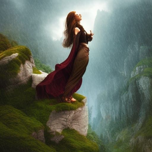 lady with butterfly wings on a rainy mountain