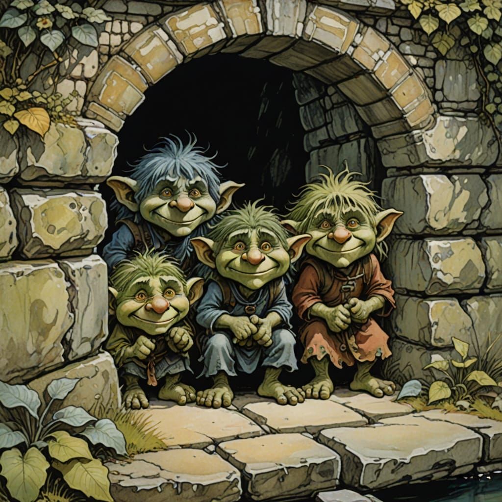 Style of Arthur Rackham, children's book illustration,  trolls peering out from under ...  by @Alison