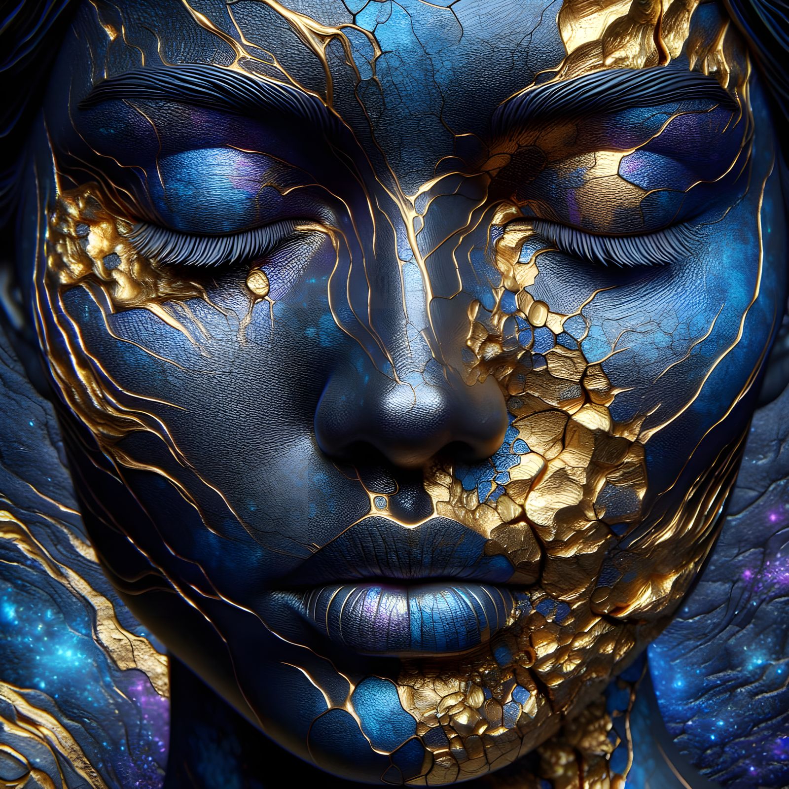 Abstract South Asian Woman in Cosmic Blue and Gold