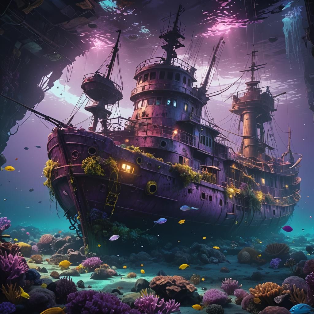 Underwater ghost ship wreck sea fishs broken submarine underwater ...