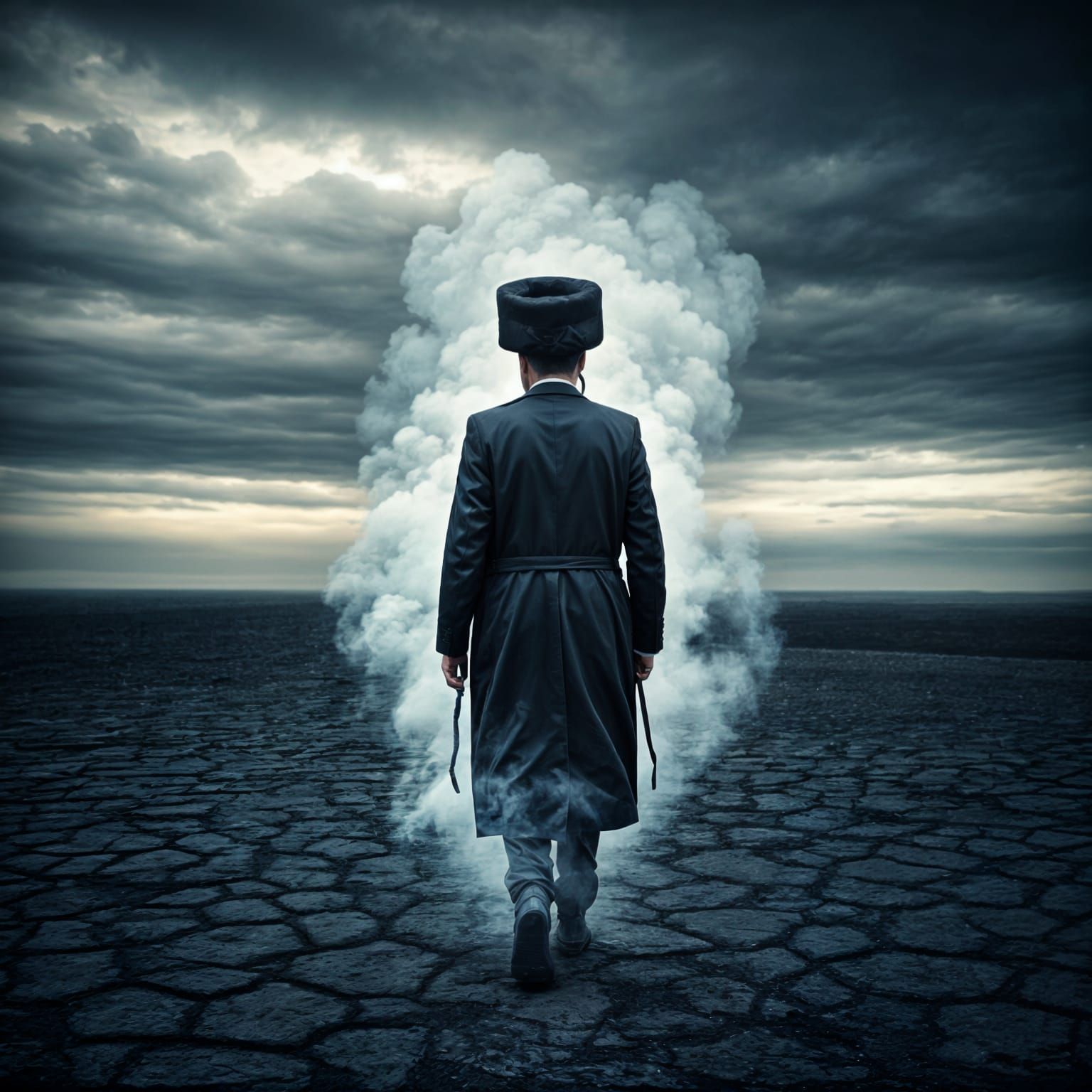 A Hasidic Man Fades into the Mists of a Barren Landscape