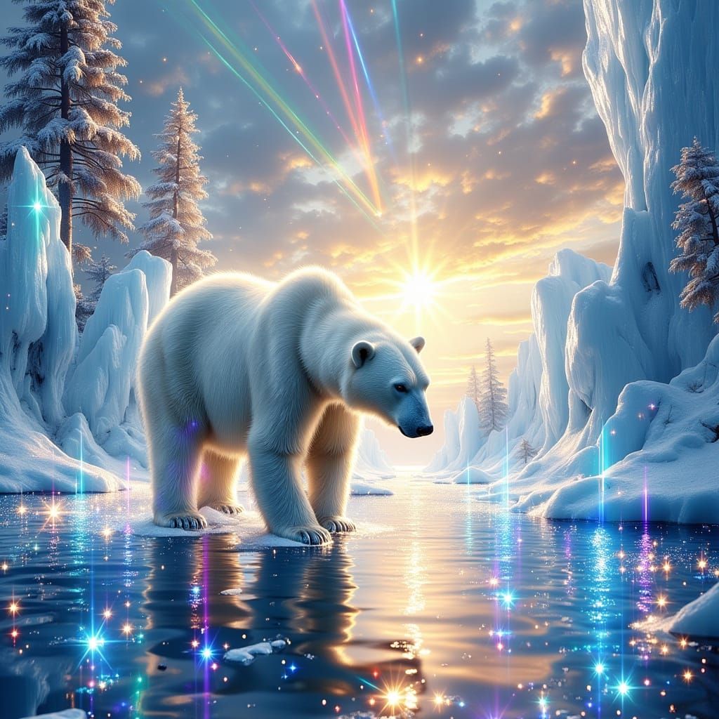 <lora:Exquisite Flux:1.0> A majestic polar bear standing in its icy arctic habitat, :vibrant colored ...  by @FluffWuff