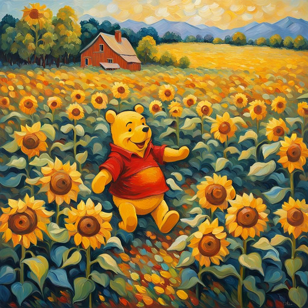 Winnie the Pooh in a field of sunflowers