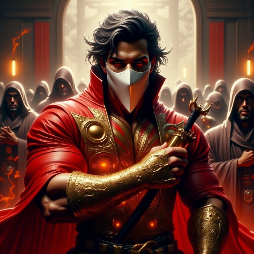 <lora:BookCover Flux:1.0> oil painting, beautiful, handsome, athletic masked and red hooded game antagonist Regent of the Mask, wrapped in i...