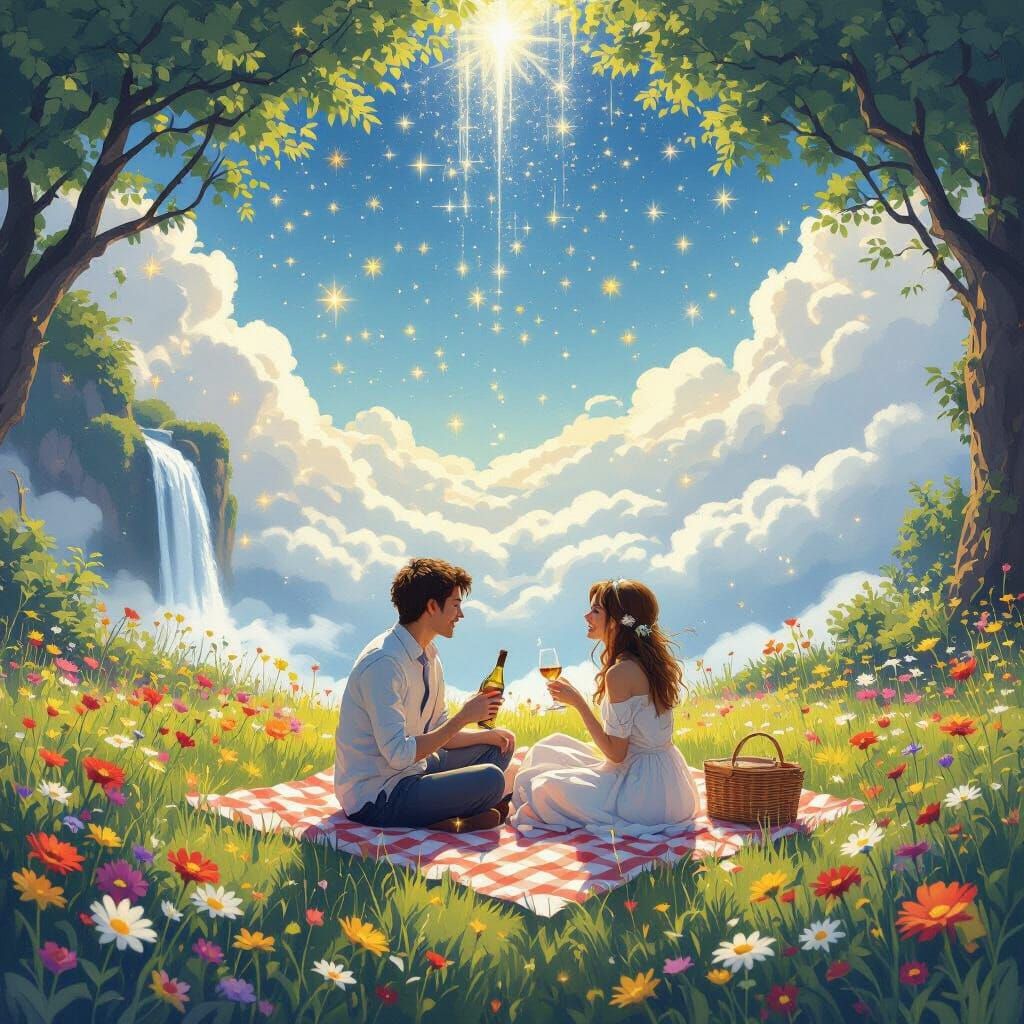 Romantic Picnic on Floating Island in Impressionist Style