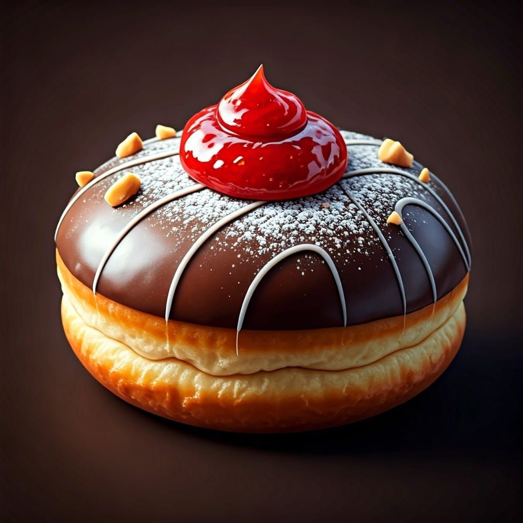 Golden Brown Doughnut with Strawberry Jam and Chocolate