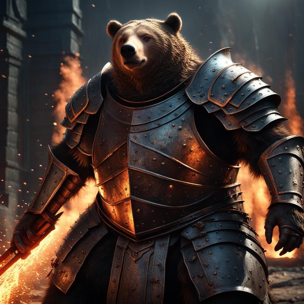 Dark Fantasy obese bear knight wearing rusted armour with a glaive ...