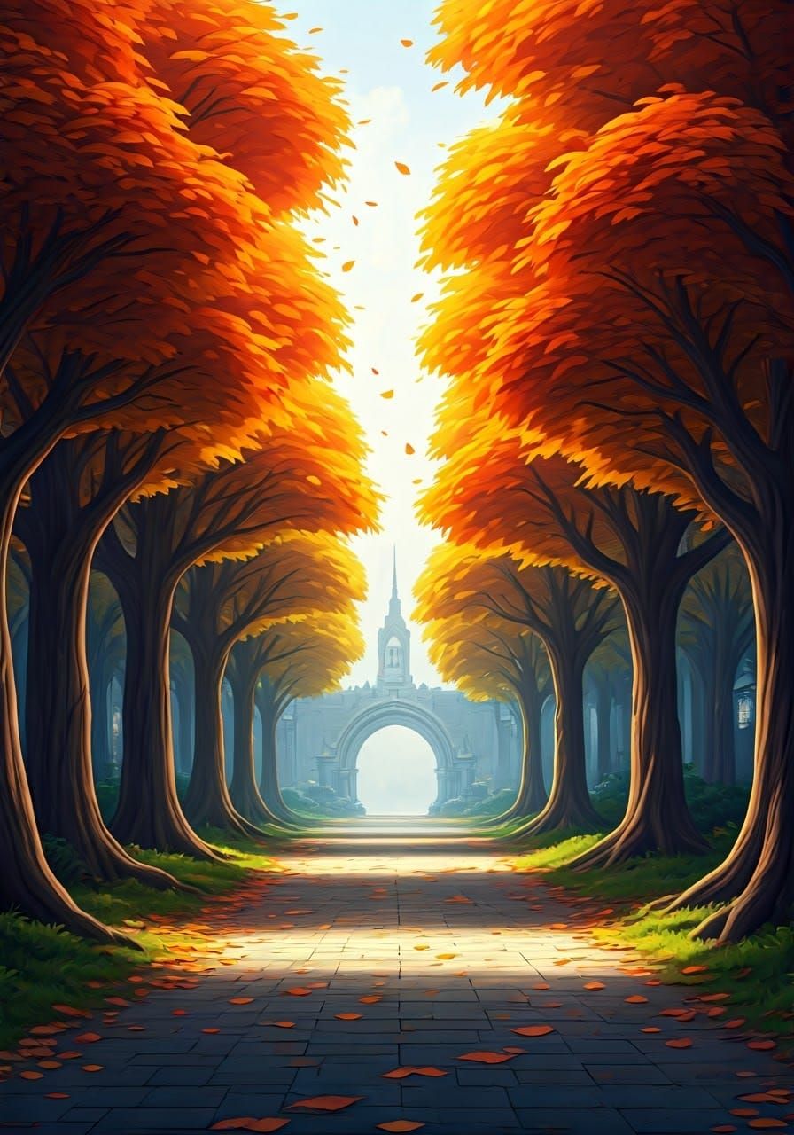 A 3D rendering of trees with bright orange and yellow leaves...