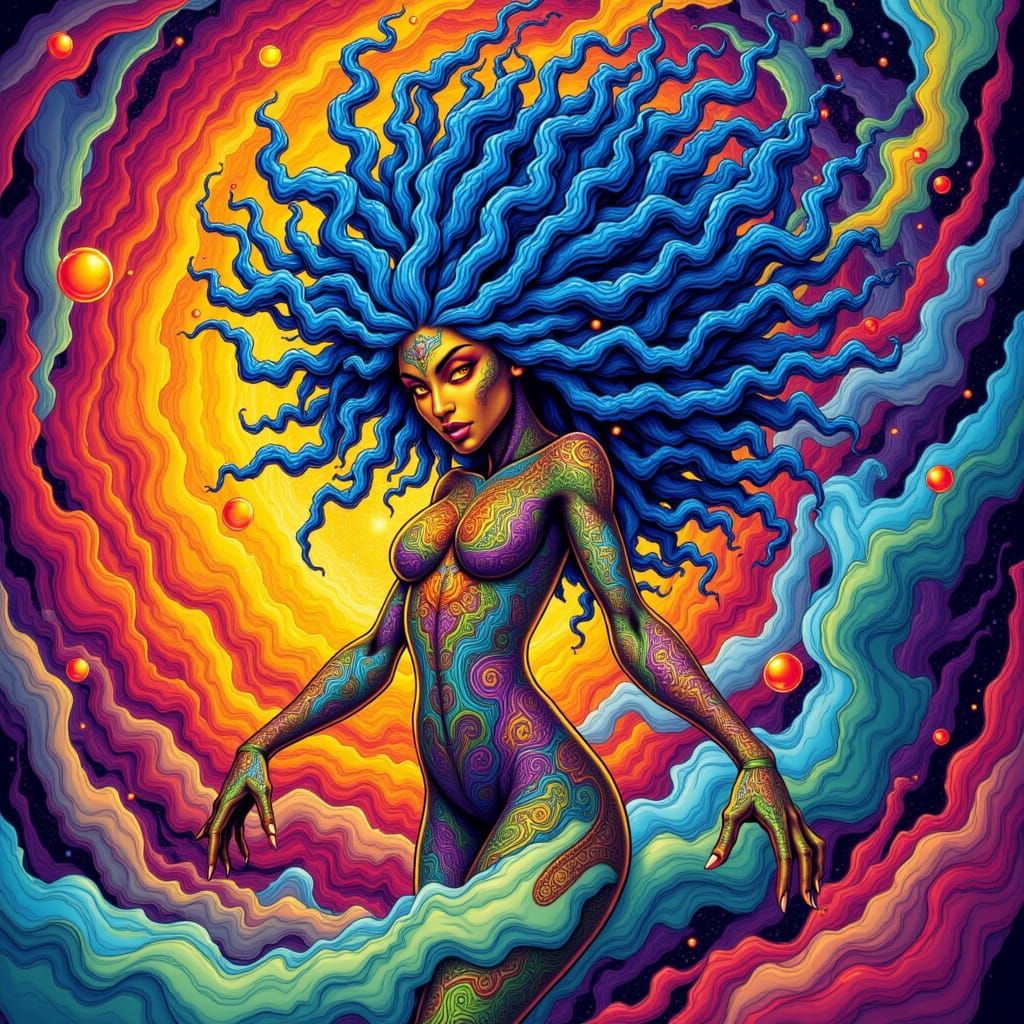 <lora:AdorableChaos:1.0> in a maelstrom of swirling colors and dynamic lines, female human dances, her rainbow skin and dress a mesmerizing ...