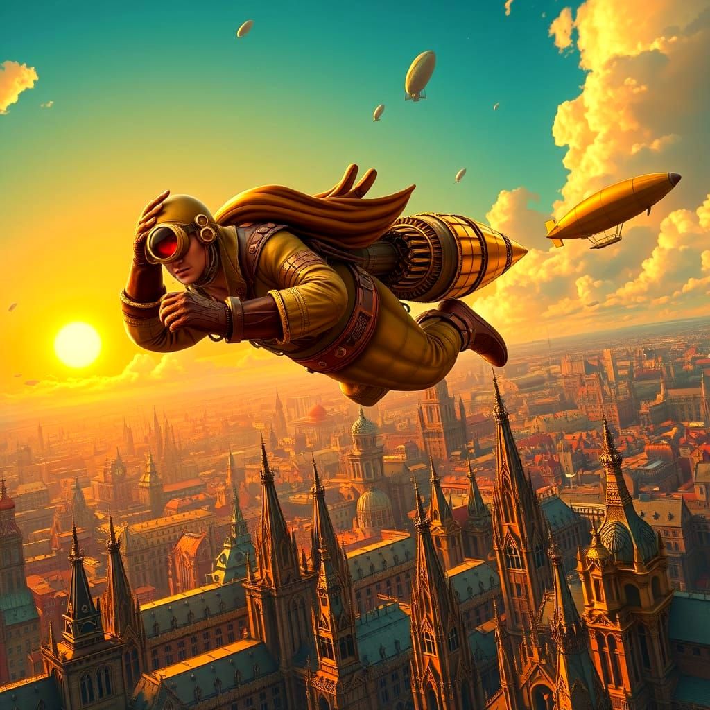 A steampunk rocketeer soars through a clockwork sky, propelled by gears and steam. Intricate brass details adorn his suit, reflecting the go...
