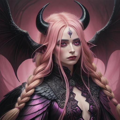 Gorgeous demon 
Long blonde braids 
Devil horns wings 
Beaut...