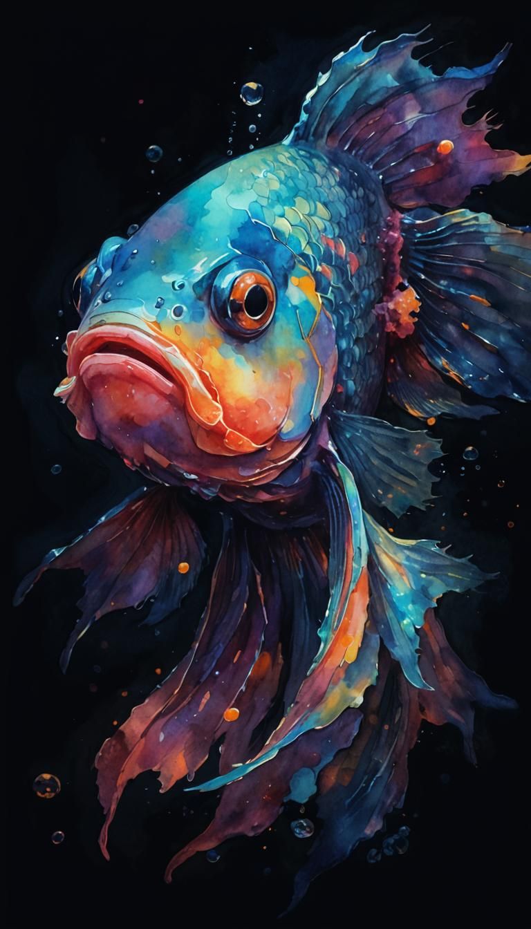 Watercolor painting. Medium shot. Colorful fish swim in vibr...