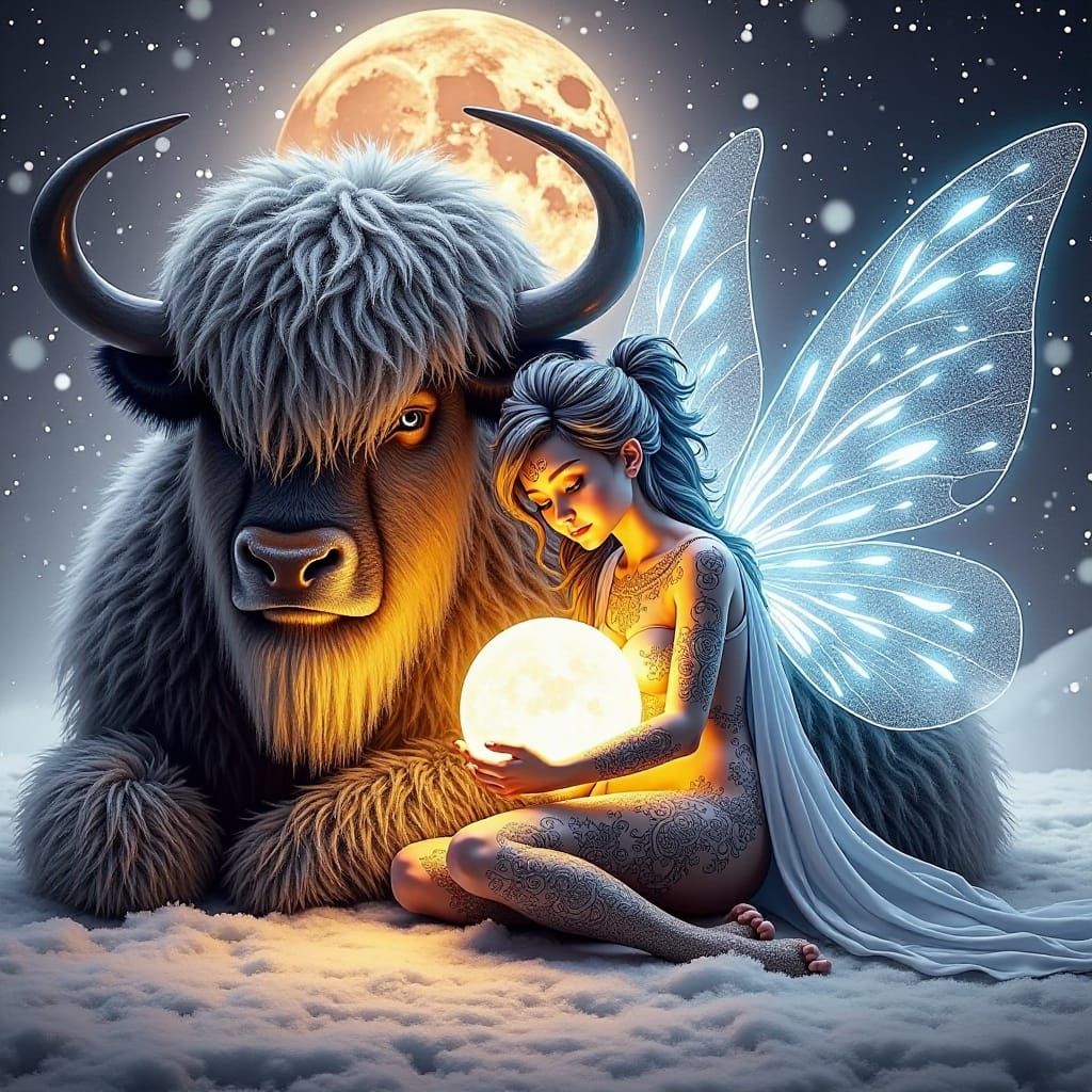 A Yak and a majestic lady fair