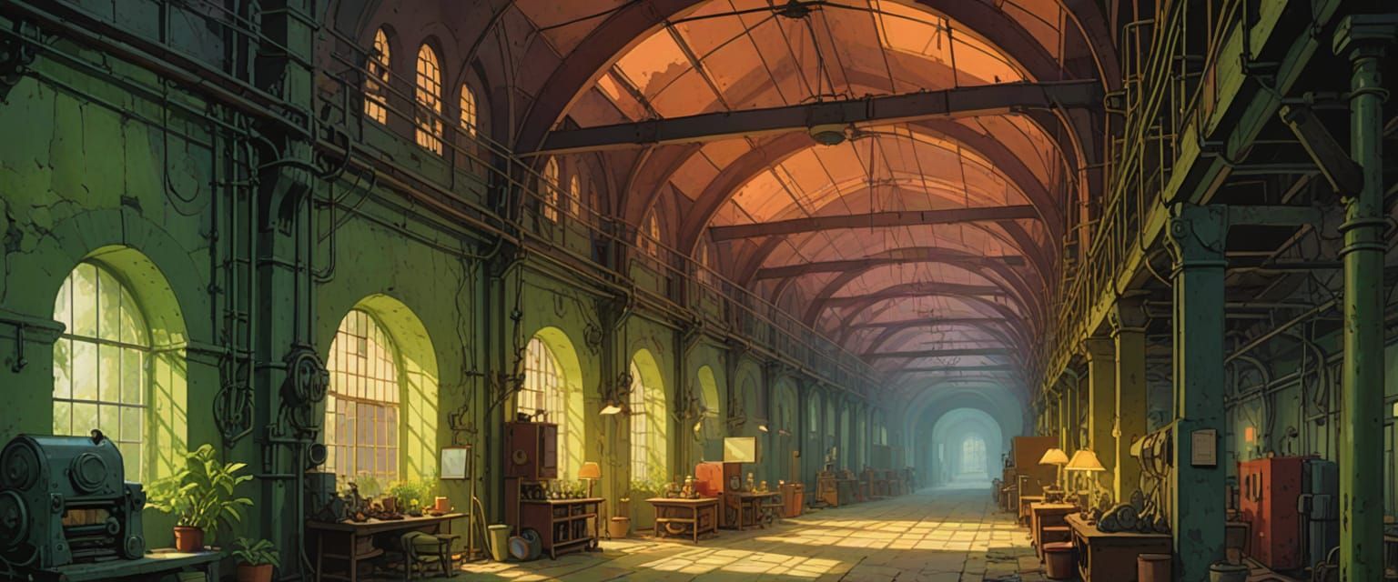 inside an enormous factory, bright vast interior spaces, glass skylights, high vaulted ceiling, giant windows, huge industrial mechanical ma...