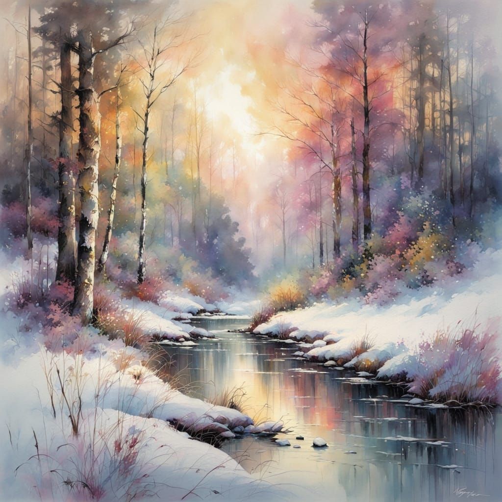 A serene, ethereal landscape of a winter forest   by @Mapont