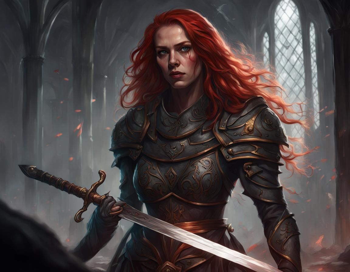 a woman with red hair and a sword standing in a dark room, a...