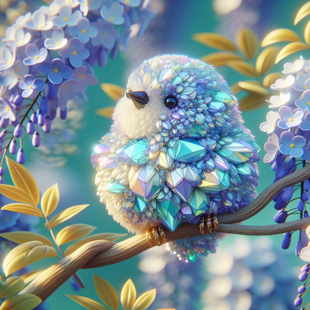 cute little fluffy blue and yellow bird on a branch in a blu...